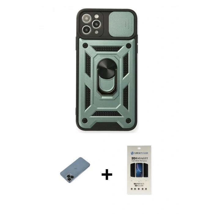 MARSİLYAN™- iPhone 11 Pro Kılıf Ahenk Klasik - Siyah 5D Hayalet Cam Ekran Koruyucu + Shine Kamera Lens Koruma Cam - SH