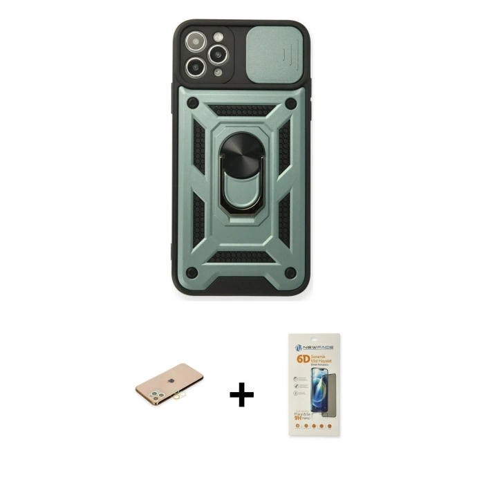 MARSİLYAN™- iPhone 11 Pro Kılıf Ahenk Klasik - Siyah 6D Mat Seramik Hayalet Nano Ekran Koruyucu + Renkli Kamera Lens Koruma Cam - PE