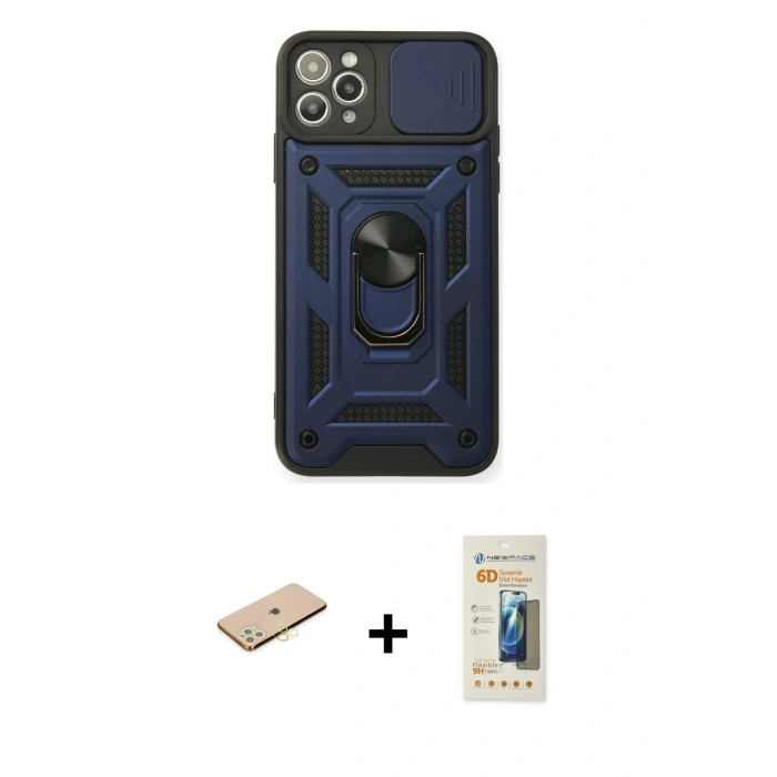 MARSİLYAN™- iPhone 11 Pro Kılıf Ahenk Klasik - Siyah 6D Mat Seramik Hayalet Nano Ekran Koruyucu + Renkli Kamera Lens Koruma Cam - PE