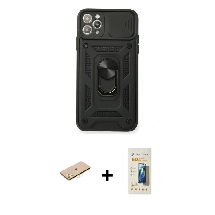 MARSİLYAN™- iPhone 11 Pro Kılıf Ahenk Klasik - Siyah 6D Mat Seramik Hayalet Nano Ekran Koruyucu + Renkli Kamera Lens Koruma Cam - PE