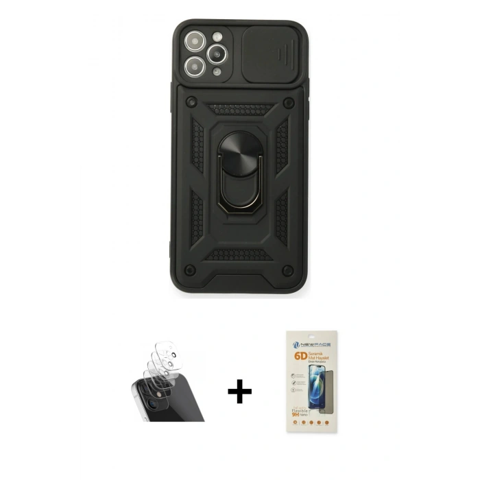 MARSİLYAN™- iPhone 11 Pro Kılıf Ahenk Klasik - Siyah 6D Mat Seramik Hayalet Nano Ekran Koruyucu + Kamera Lens Koruma Cam - SF