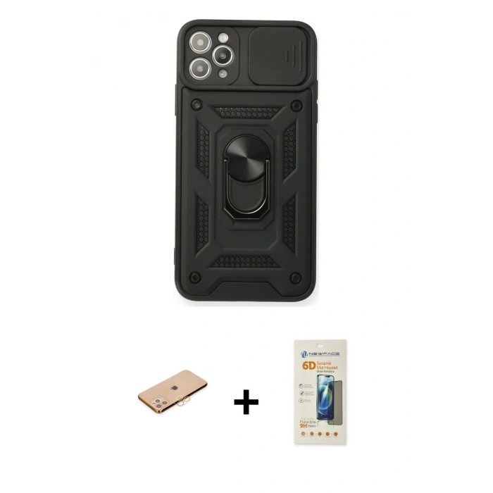 MARSİLYAN™- iPhone 11 Pro Kılıf Ahenk Klasik - Siyah 6D Mat Seramik Hayalet Nano Ekran Koruyucu + Renkli Kamera Lens Koruma Cam - TU