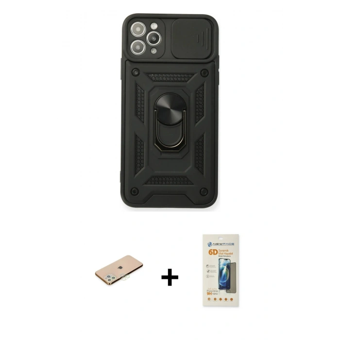 MARSİLYAN™- iPhone 11 Pro Kılıf Ahenk Klasik - Siyah 6D Mat Seramik Hayalet Nano Ekran Koruyucu + Renkli Kamera Lens Koruma Cam - YL