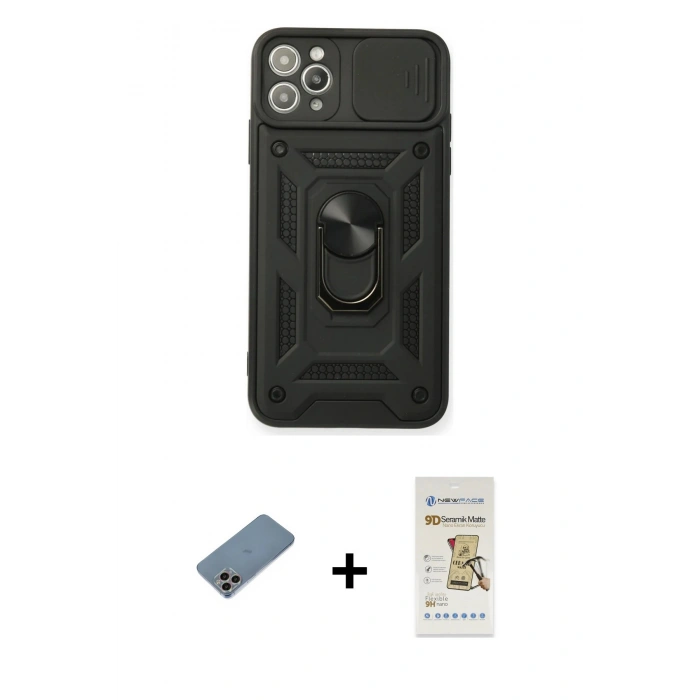 MARSİLYAN™- iPhone 11 Pro Kılıf Ahenk Klasik - Siyah Mat Seramik Nano Ekran Koruyucu + Shine Kamera Lens Koruma Cam - GI