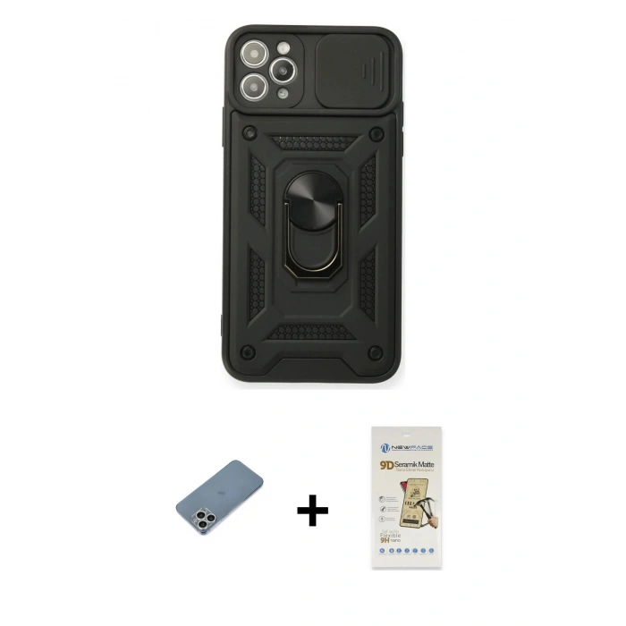 MARSİLYAN™- iPhone 11 Pro Kılıf Ahenk Klasik - Siyah Mat Seramik Nano Ekran Koruyucu + Shine Kamera Lens Koruma Cam - GS