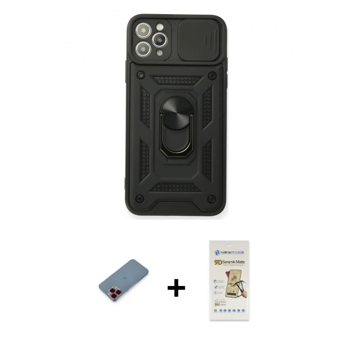 MARSİLYAN™- iPhone 11 Pro Kılıf Ahenk Klasik - Siyah Mat Seramik Nano Ekran Koruyucu + Metal Kamera Lens Koruma Cam - KI