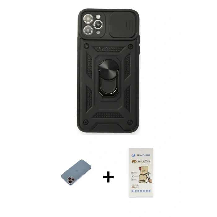 MARSİLYAN™- iPhone 11 Pro Kılıf Ahenk Klasik - Siyah Mat Seramik Nano Ekran Koruyucu + Shine Kamera Lens Koruma Cam - PE