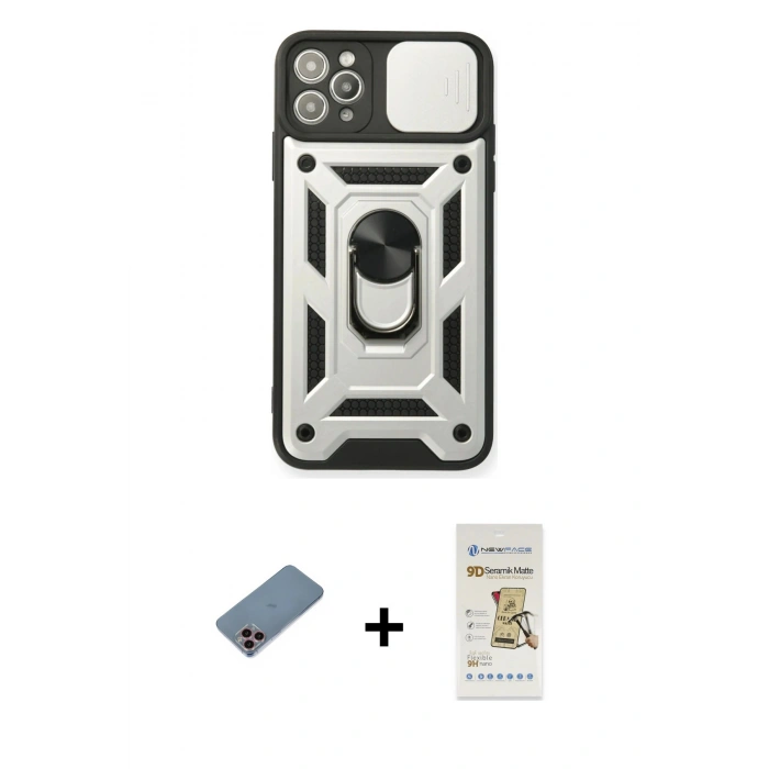 MARSİLYAN™- iPhone 11 Pro Kılıf Ahenk Klasik - Siyah Mat Seramik Nano Ekran Koruyucu + Shine Kamera Lens Koruma Cam - PE