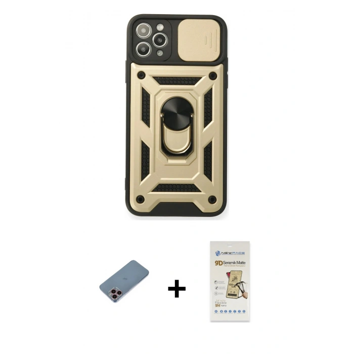 MARSİLYAN™- iPhone 11 Pro Kılıf Ahenk Klasik - Siyah Mat Seramik Nano Ekran Koruyucu + Shine Kamera Lens Koruma Cam - PE