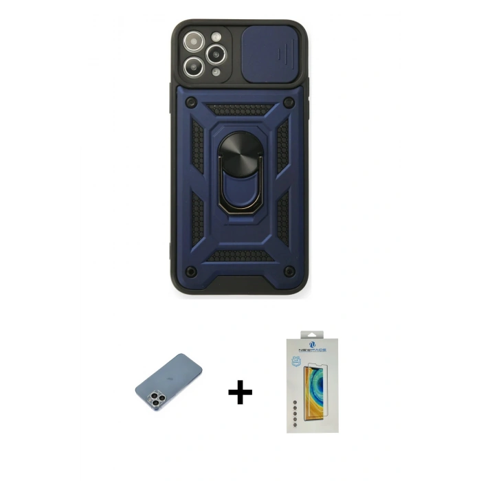 MARSİLYAN™- iPhone 11 Pro Kılıf Ahenk Klasik - Siyah Polymer Nano Ekran Koruyucu + Gümüş Shine Kamera Lens Koruma Cam