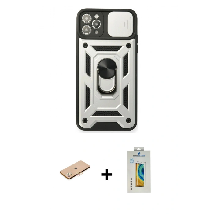 MARSİLYAN™- iPhone 11 Pro Kılıf Ahenk Klasik - Siyah Polymer Nano Ekran Koruyucu + Renkli Kamera Lens Koruma Cam - TU