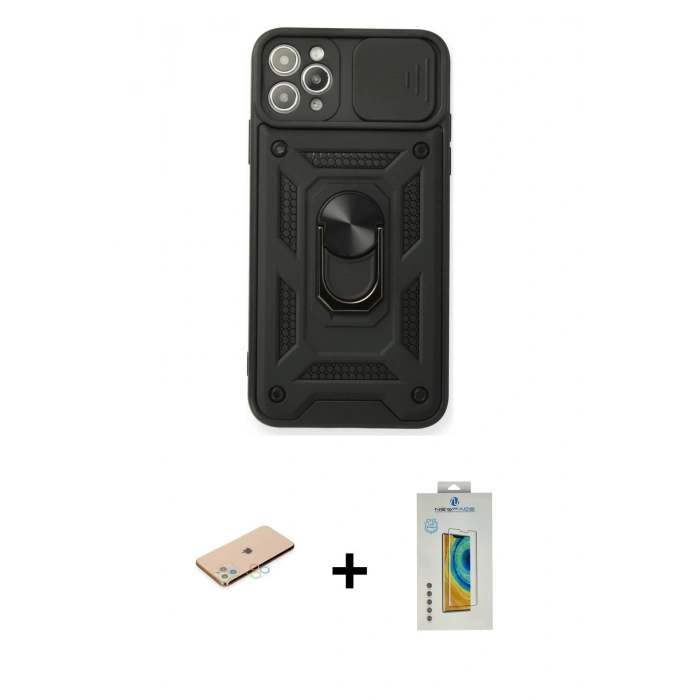MARSİLYAN™- iPhone 11 Pro Kılıf Ahenk Klasik - Siyah Polymer Nano Ekran Koruyucu + Renkli Kamera Lens Koruma Cam - MI