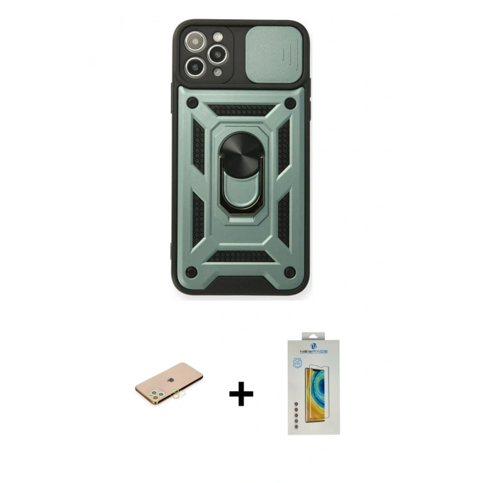MARSİLYAN™- iPhone 11 Pro Kılıf Ahenk Klasik - Siyah Polymer Nano Ekran Koruyucu + Renkli Kamera Lens Koruma Cam - SI