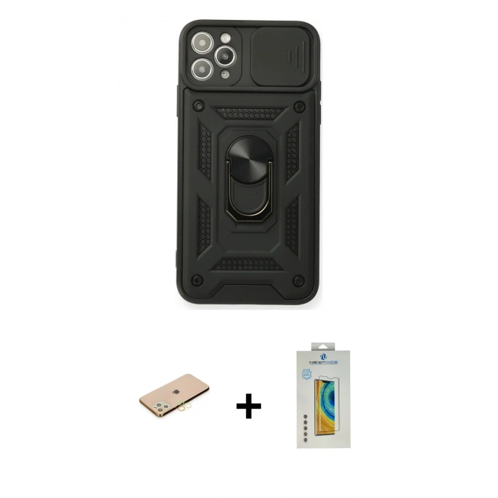 MARSİLYAN™- iPhone 11 Pro Kılıf Ahenk Klasik - Siyah Polymer Nano Ekran Koruyucu + Renkli Kamera Lens Koruma Cam - SI