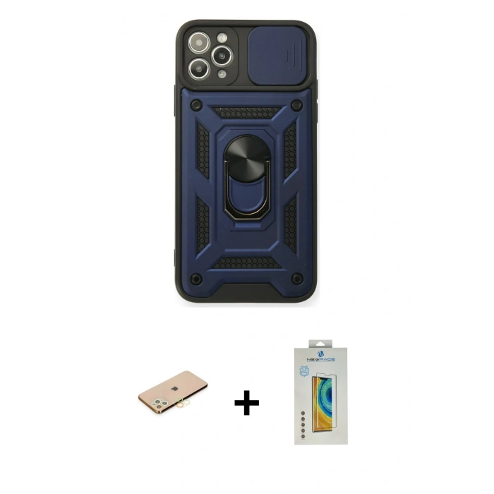 MARSİLYAN™- iPhone 11 Pro Kılıf Ahenk Klasik - Siyah Polymer Nano Ekran Koruyucu + Renkli Kamera Lens Koruma Cam - SI