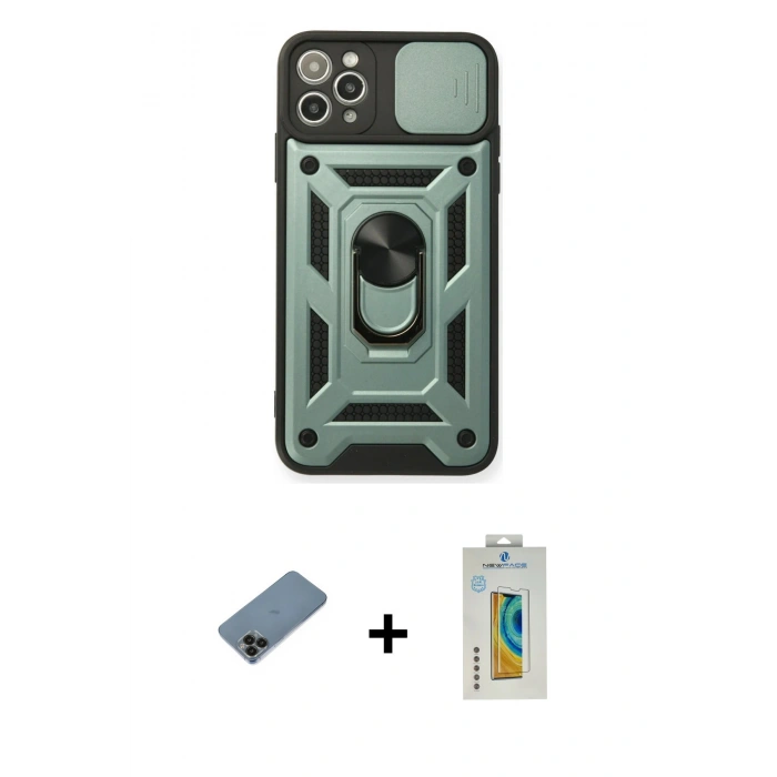 MARSİLYAN™- iPhone 11 Pro Kılıf Ahenk Klasik - Siyah Polymer Nano Ekran Koruyucu + Siyah Shine Kamera Lens Koruma Cam