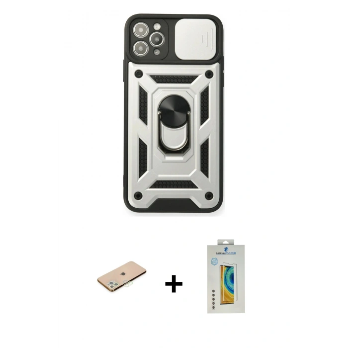 MARSİLYAN™- iPhone 11 Pro Kılıf Ahenk Klasik - Siyah Polymer Nano Ekran Koruyucu + Renkli Kamera Lens Koruma Cam - YL
