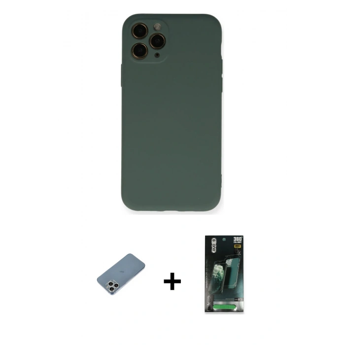 MARSİLYAN™- iPhone 11 Pro Kılıf Ahenk Serisi - Şeffaf 360 Full Body Arka Koruyucu + Gümüş Shine Kamera Lens Koruma Cam