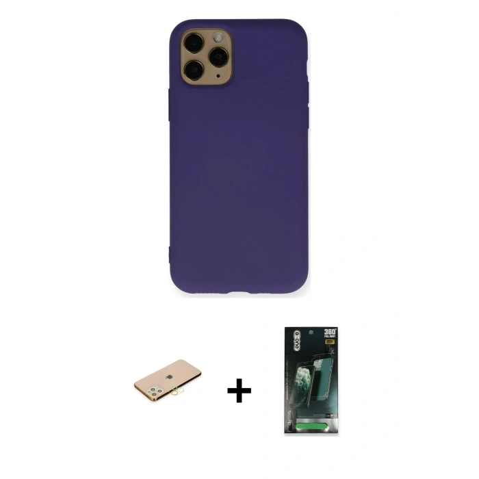 MARSİLYAN™- iPhone 11 Pro Kılıf Ahenk Serisi - Şeffaf 360 Full Body Arka Koruyucu + Renkli Kamera Lens Koruma Cam - PE