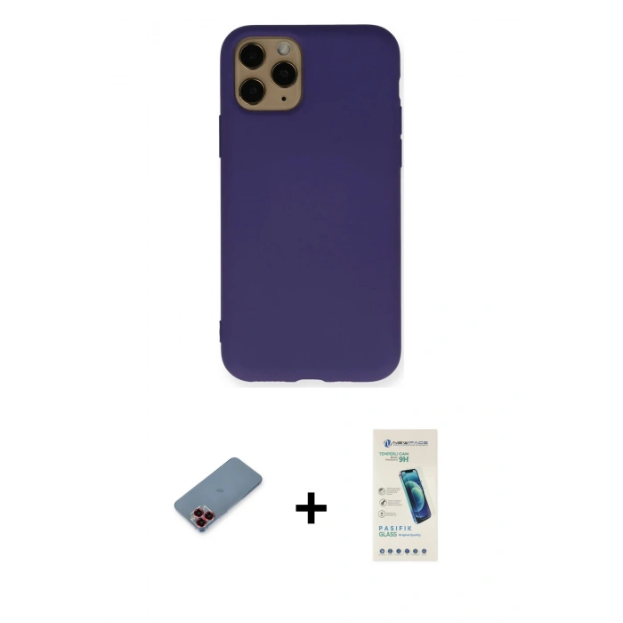 MARSİLYAN™- iPhone 11 Pro Kılıf Ahenk Serisi - Şeffaf Pasifik Cam Ekran Koruyucu + Metal Kamera Lens Koruma Cam - KI