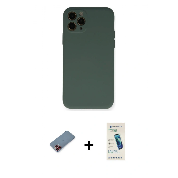 MARSİLYAN™- iPhone 11 Pro Kılıf Ahenk Serisi - Şeffaf Pasifik Cam Ekran Koruyucu + Metal Kamera Lens Koruma Cam - KI