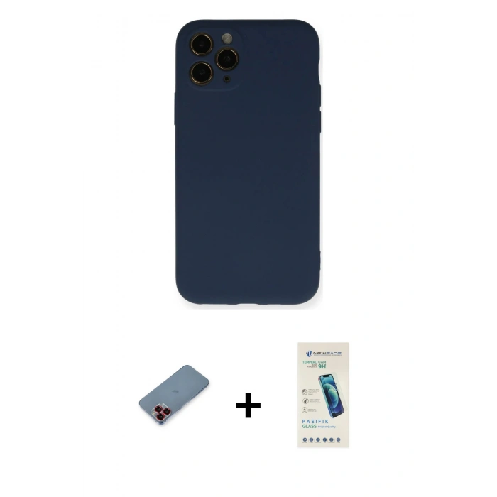 MARSİLYAN™- iPhone 11 Pro Kılıf Ahenk Serisi - Şeffaf Pasifik Cam Ekran Koruyucu + Metal Kamera Lens Koruma Cam - KI