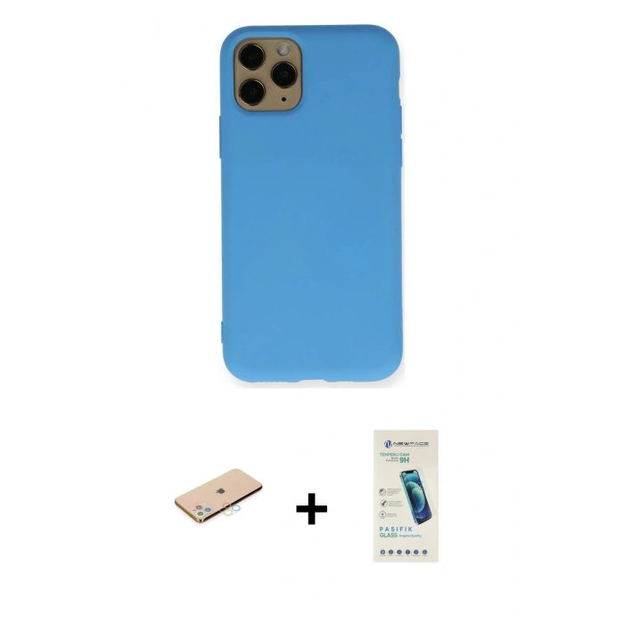 MARSİLYAN™- iPhone 11 Pro Kılıf Ahenk Serisi - Şeffaf Pasifik Cam Ekran Koruyucu + Renkli Kamera Lens Koruma Cam - MI