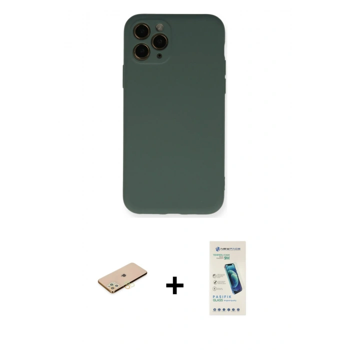 MARSİLYAN™- iPhone 11 Pro Kılıf Ahenk Serisi - Şeffaf Pasifik Cam Ekran Koruyucu + Renkli Kamera Lens Koruma Cam - PE