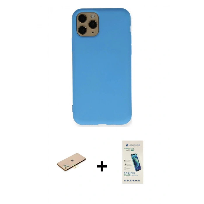 MARSİLYAN™- iPhone 11 Pro Kılıf Ahenk Serisi - Şeffaf Pasifik Cam Ekran Koruyucu + Renkli Kamera Lens Koruma Cam - PE