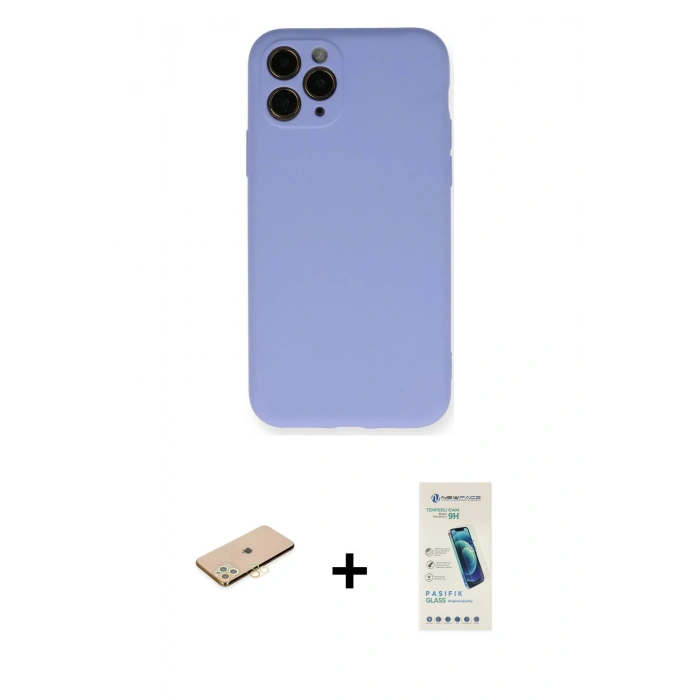 MARSİLYAN™- iPhone 11 Pro Kılıf Ahenk Serisi - Şeffaf Pasifik Cam Ekran Koruyucu + Renkli Kamera Lens Koruma Cam - PE