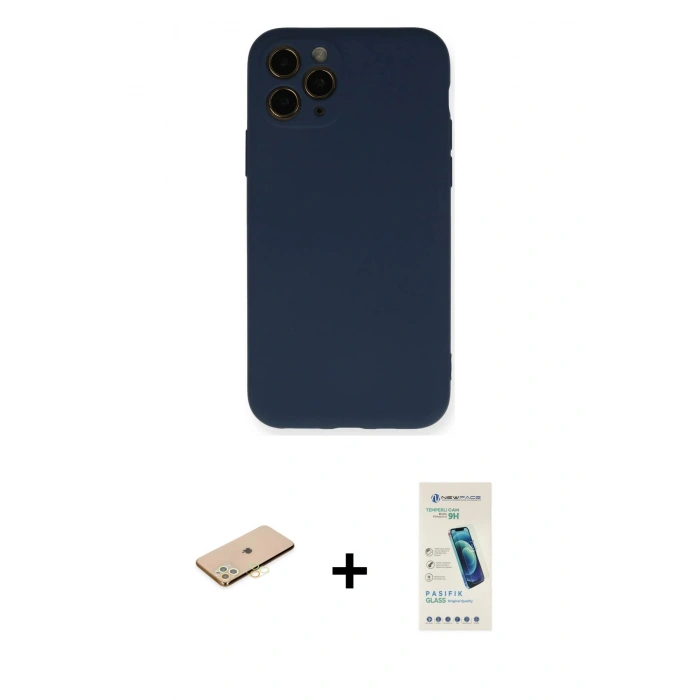 MARSİLYAN™- iPhone 11 Pro Kılıf Ahenk Serisi - Şeffaf Pasifik Cam Ekran Koruyucu + Renkli Kamera Lens Koruma Cam - PE
