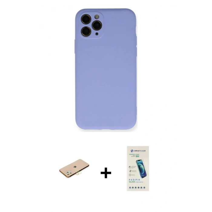 MARSİLYAN™- iPhone 11 Pro Kılıf Ahenk Serisi - Şeffaf Pasifik Cam Ekran Koruyucu + Renkli Kamera Lens Koruma Cam - SI