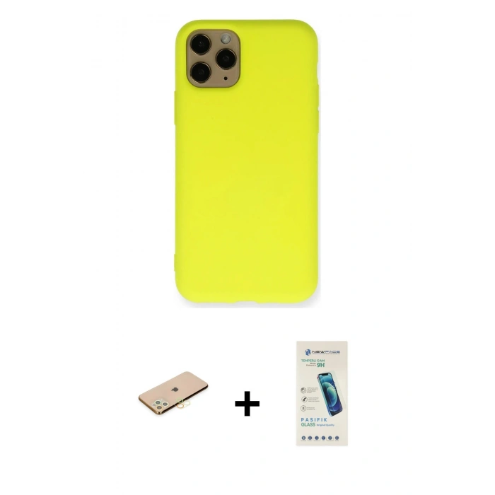 MARSİLYAN™- iPhone 11 Pro Kılıf Ahenk Serisi - Şeffaf Pasifik Cam Ekran Koruyucu + Renkli Kamera Lens Koruma Cam - SI