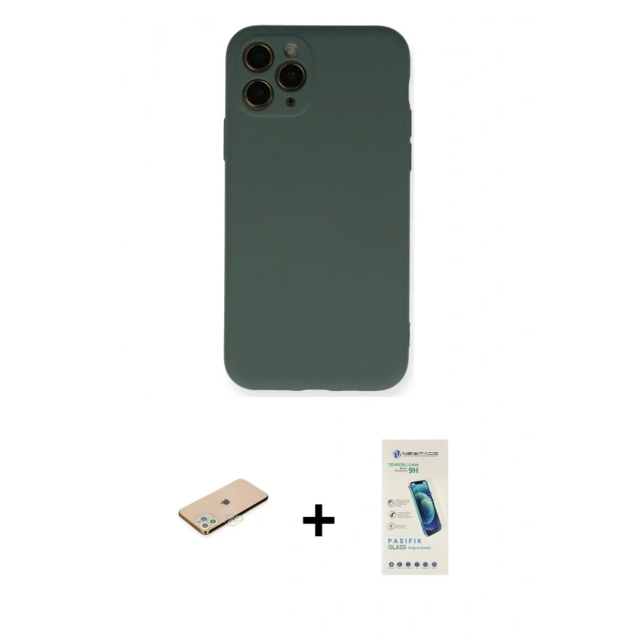 MARSİLYAN™- iPhone 11 Pro Kılıf Ahenk Serisi - Şeffaf Pasifik Cam Ekran Koruyucu + Renkli Kamera Lens Koruma Cam - YL