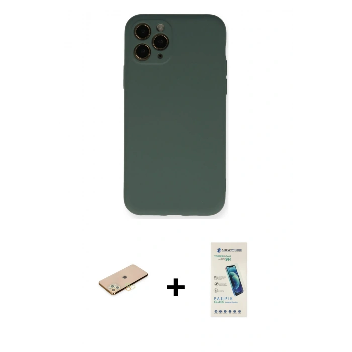 MARSİLYAN™- iPhone 11 Pro Kılıf Ahenk Serisi - Şeffaf Pasifik Cam Ekran Koruyucu + Renkli Kamera Lens Koruma Cam - SI