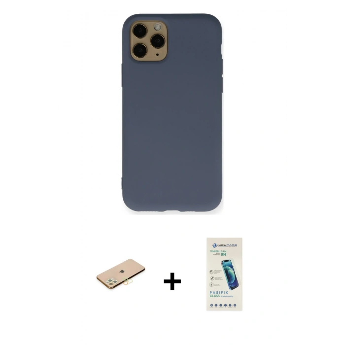 MARSİLYAN™- iPhone 11 Pro Kılıf Ahenk Serisi - Şeffaf Pasifik Cam Ekran Koruyucu + Renkli Kamera Lens Koruma Cam - SI