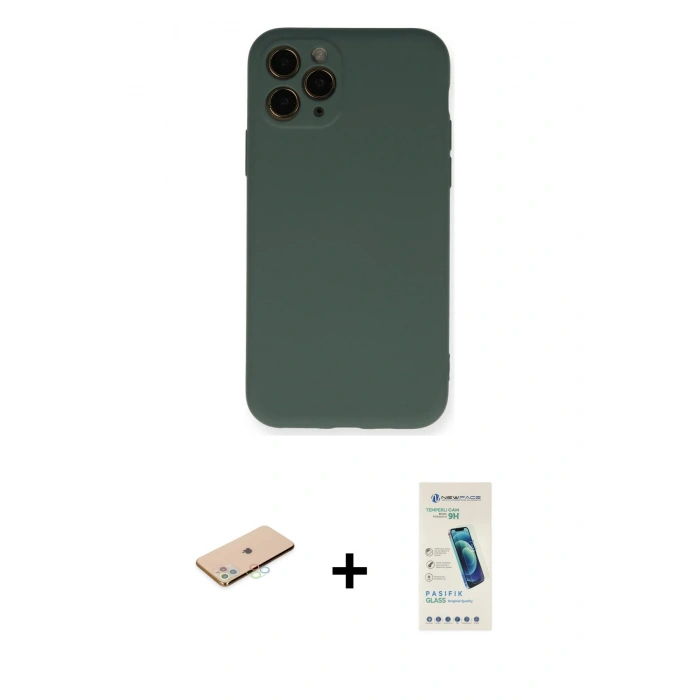 MARSİLYAN™- iPhone 11 Pro Kılıf Ahenk Serisi - Şeffaf Pasifik Cam Ekran Koruyucu + Renkli Kamera Lens Koruma Cam - MI
