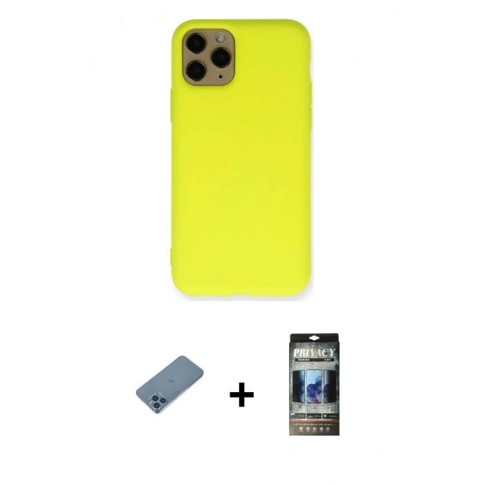 MARSİLYAN™- iPhone 11 Pro Kılıf Ahenk Serisi - Siyah 34D Hayalet Izgaralı Cam + Shine Kamera Lens Koruma Cam - MI