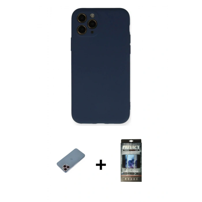 MARSİLYAN™- iPhone 11 Pro Kılıf Ahenk Serisi - Siyah 34D Hayalet Izgaralı Cam + Shine Kamera Lens Koruma Cam - PE