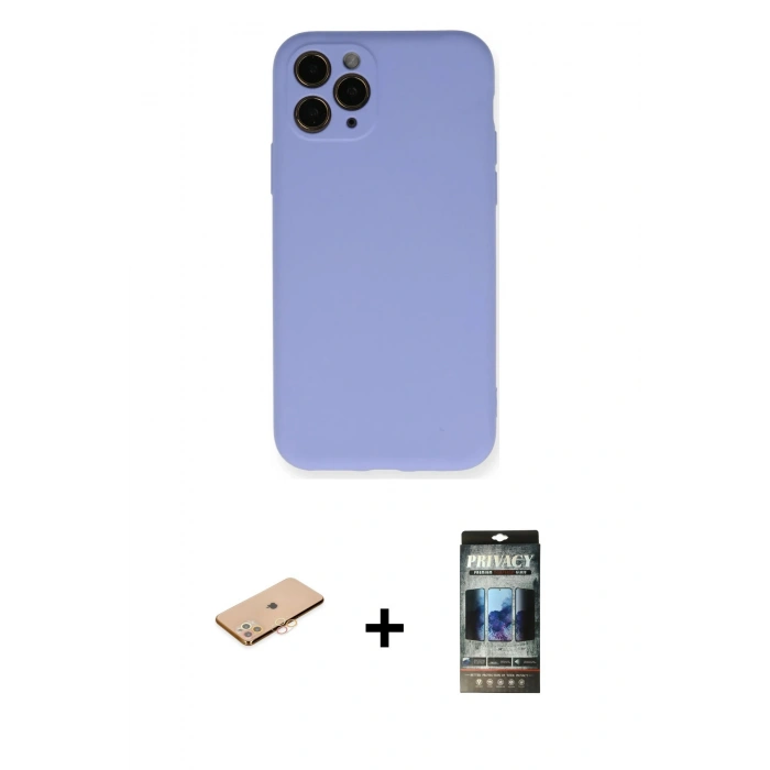 MARSİLYAN™- iPhone 11 Pro Kılıf Ahenk Serisi - Siyah 34D Hayalet Izgaralı Cam + Renkli Kamera Lens Koruma Cam - TU