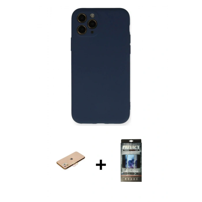 MARSİLYAN™- iPhone 11 Pro Kılıf Ahenk Serisi - Siyah 34D Hayalet Izgaralı Cam + Renkli Kamera Lens Koruma Cam - TU