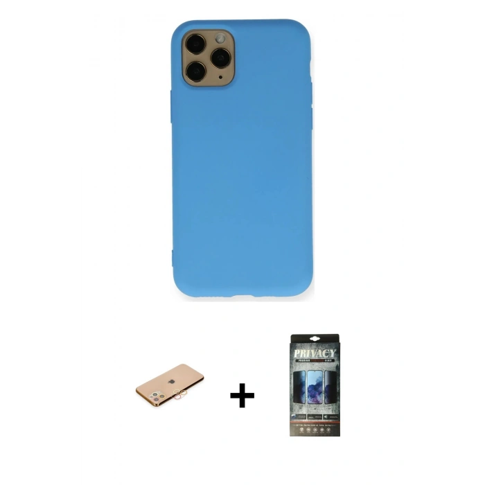 MARSİLYAN™- iPhone 11 Pro Kılıf Ahenk Serisi - Siyah 34D Hayalet Izgaralı Cam + Renkli Kamera Lens Koruma Cam - TU