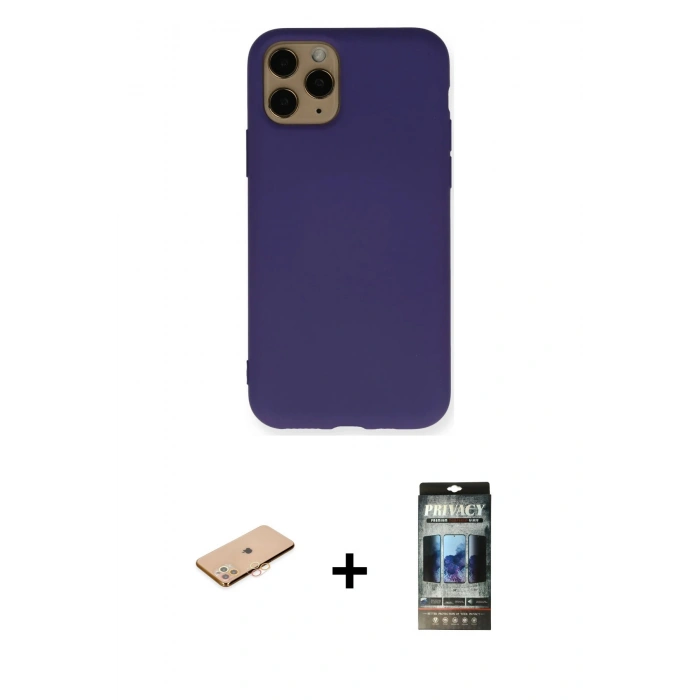 MARSİLYAN™- iPhone 11 Pro Kılıf Ahenk Serisi - Siyah 34D Hayalet Izgaralı Cam + Renkli Kamera Lens Koruma Cam - TU