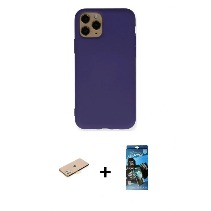 MARSİLYAN™- iPhone 11 Pro Kılıf Ahenk Serisi - Siyah 34D Izgaralı Cam + Renkli Kamera Lens Koruma Cam - SI