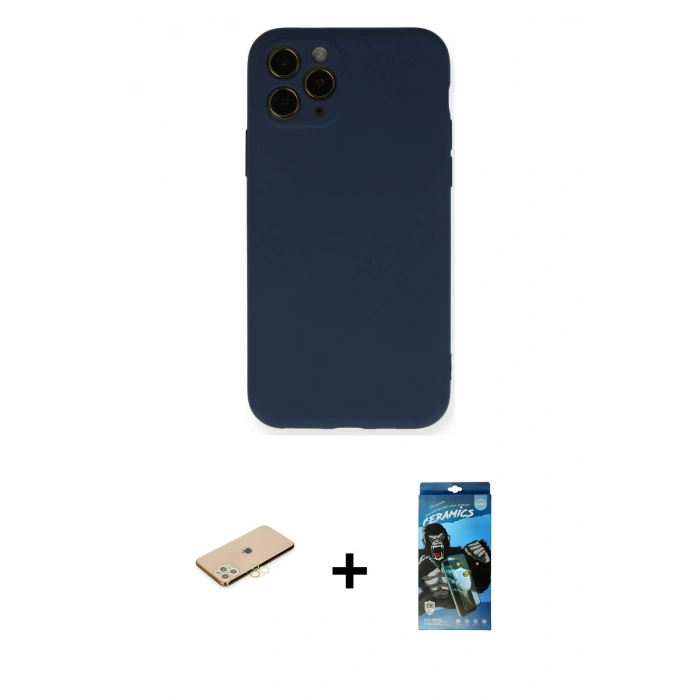 MARSİLYAN™- iPhone 11 Pro Kılıf Ahenk Serisi - Siyah 34D Izgaralı Cam + Renkli Kamera Lens Koruma Cam - SI
