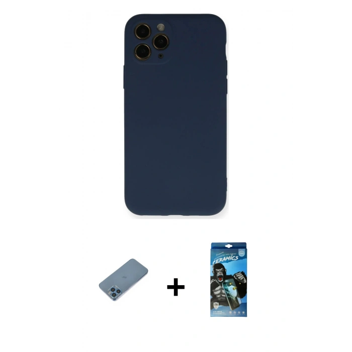 MARSİLYAN™- iPhone 11 Pro Kılıf Ahenk Serisi - Siyah 34D Izgaralı Cam + Shine Kamera Lens Koruma Cam - MI