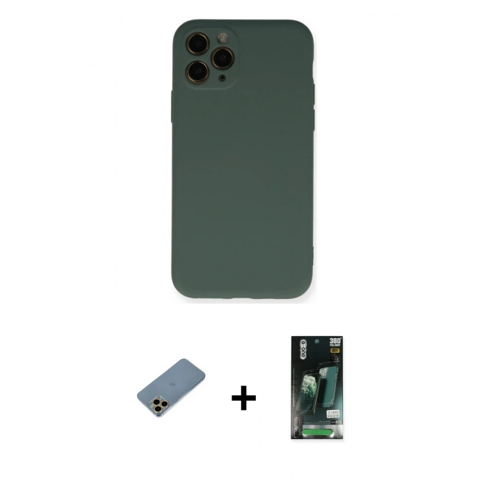 MARSİLYAN™- iPhone 11 Pro Kılıf Ahenk Serisi - Siyah 360 Mat Full Body Arka Koruyucu + Shine Kamera Lens Koruma Cam - GD