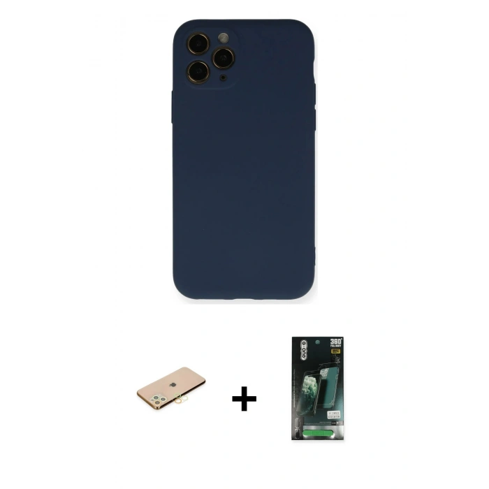 MARSİLYAN™- iPhone 11 Pro Kılıf Ahenk Serisi - Siyah 360 Mat Full Body Arka Koruyucu + Renkli Kamera Lens Koruma Cam - PE