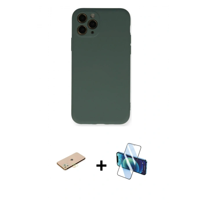 MARSİLYAN™- iPhone 11 Pro Kılıf Ahenk Serisi - Siyah 3D Antistatik Cam Ekran Koruyucu + Renkli Kamera Lens Koruma Cam - PE
