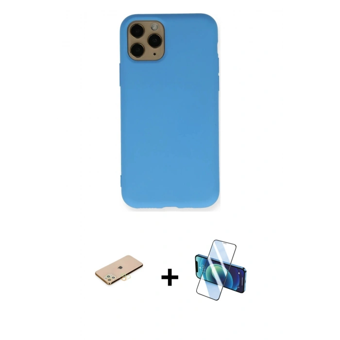 MARSİLYAN™- iPhone 11 Pro Kılıf Ahenk Serisi - Siyah 3D Antistatik Cam Ekran Koruyucu + Renkli Kamera Lens Koruma Cam - PE